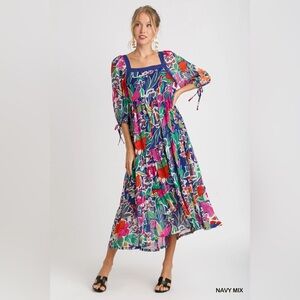 Umgee Floral Print Tiered Midi Dress - Navy Mix - Vacation, Summer, Beach